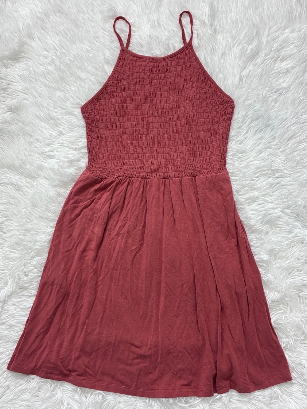 Copper Key Rust Smocked Halter Mini Dress